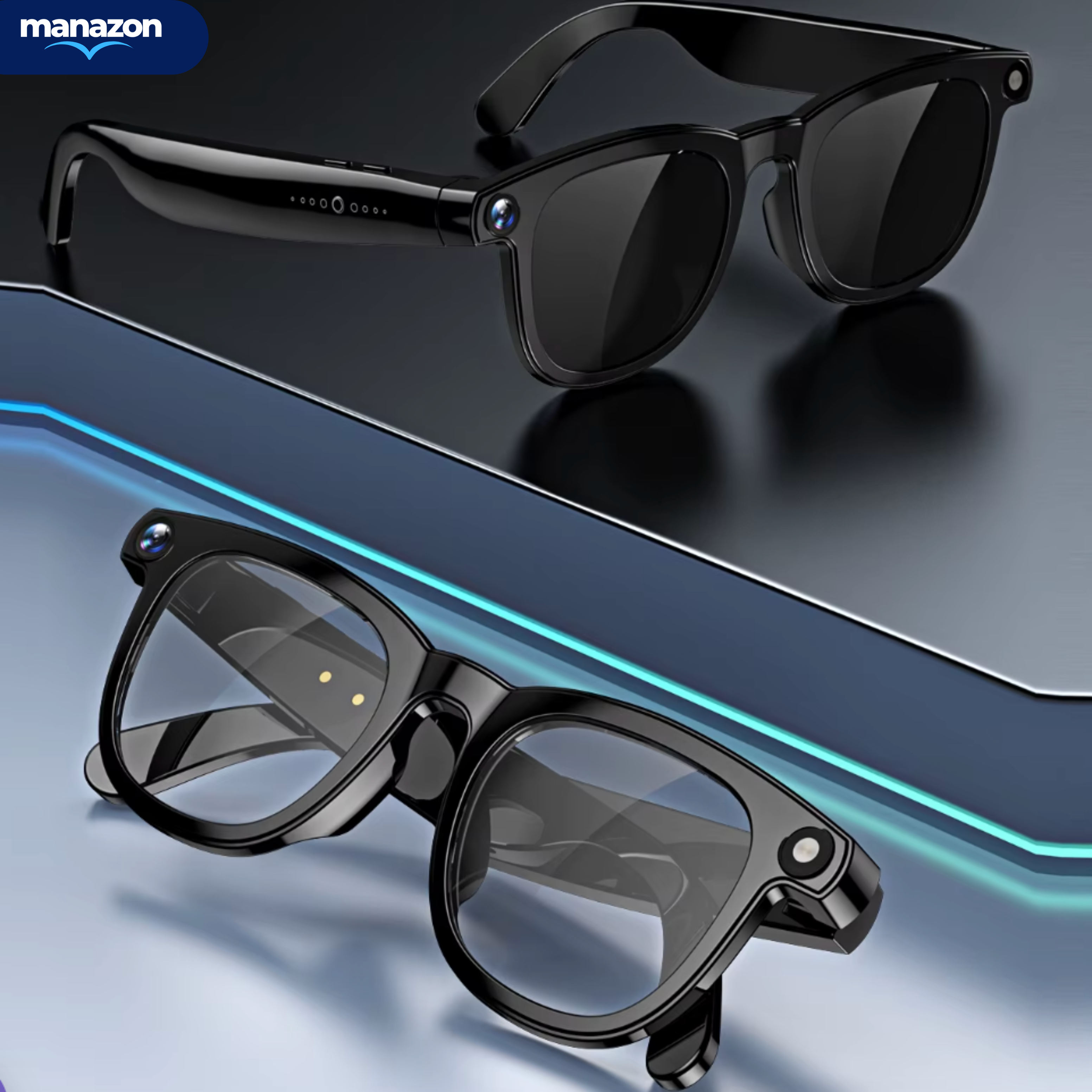 SMART PRO CYAN - Lunettes intelligentes IA , Camera intégré , musique, appels