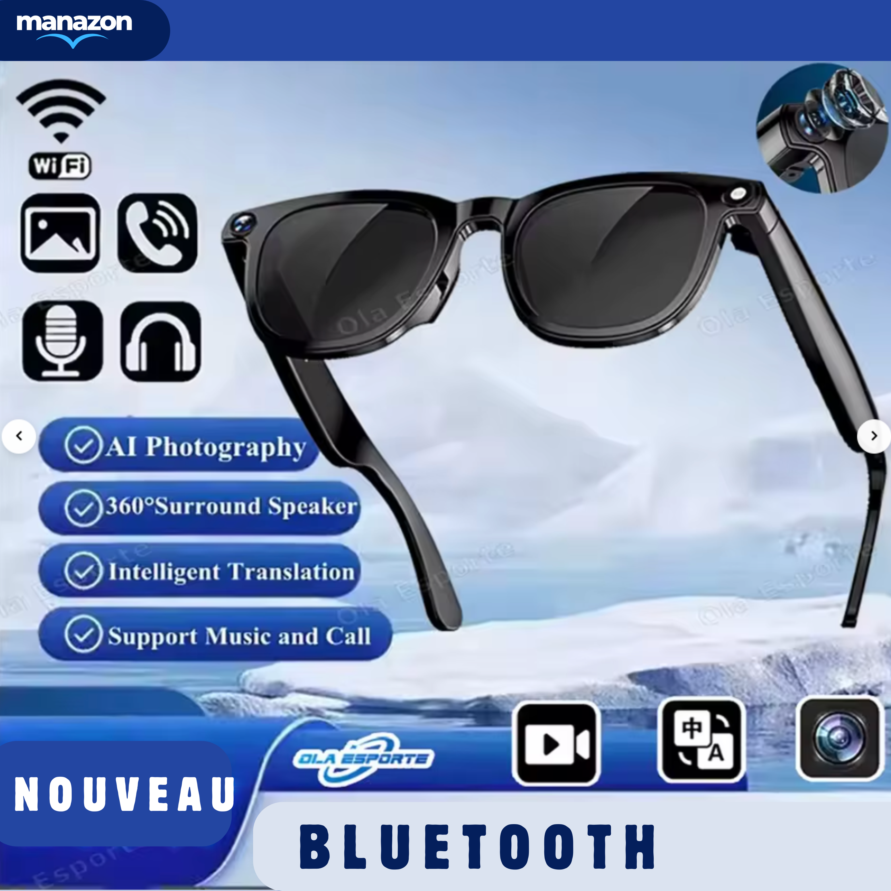 SMART PRO CYAN - Lunettes intelligentes IA , Camera intégré , musique, appels
