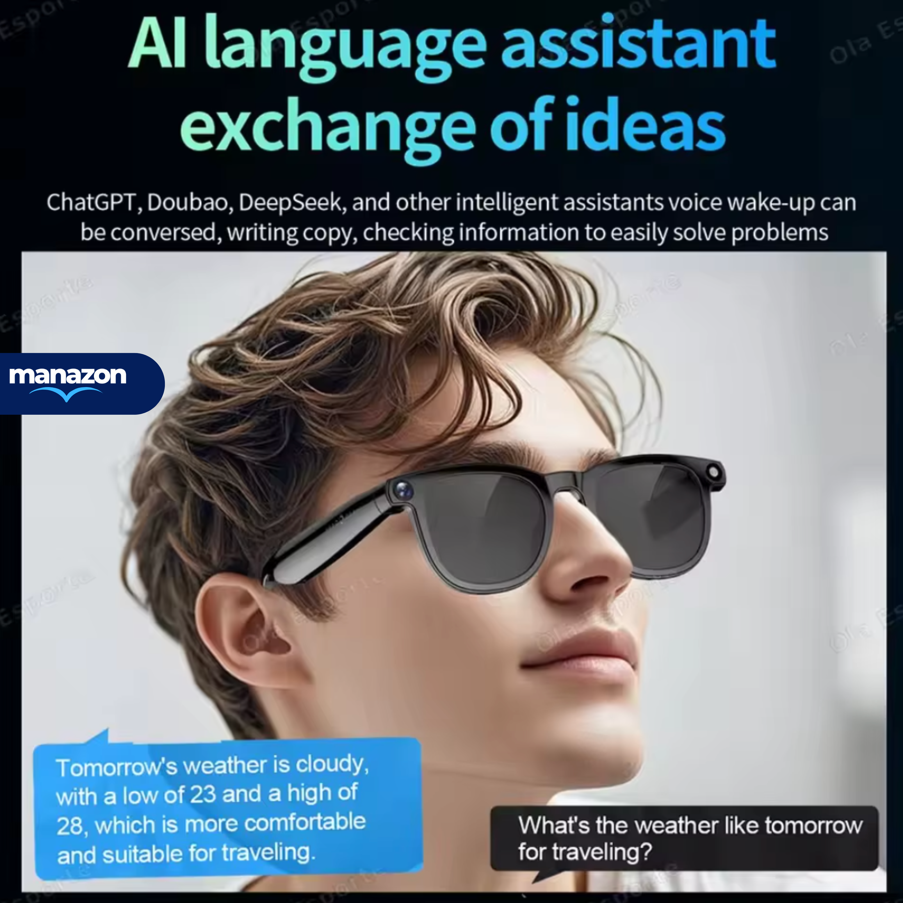 SMART PRO CYAN - Lunettes intelligentes IA , Camera intégré , musique, appels