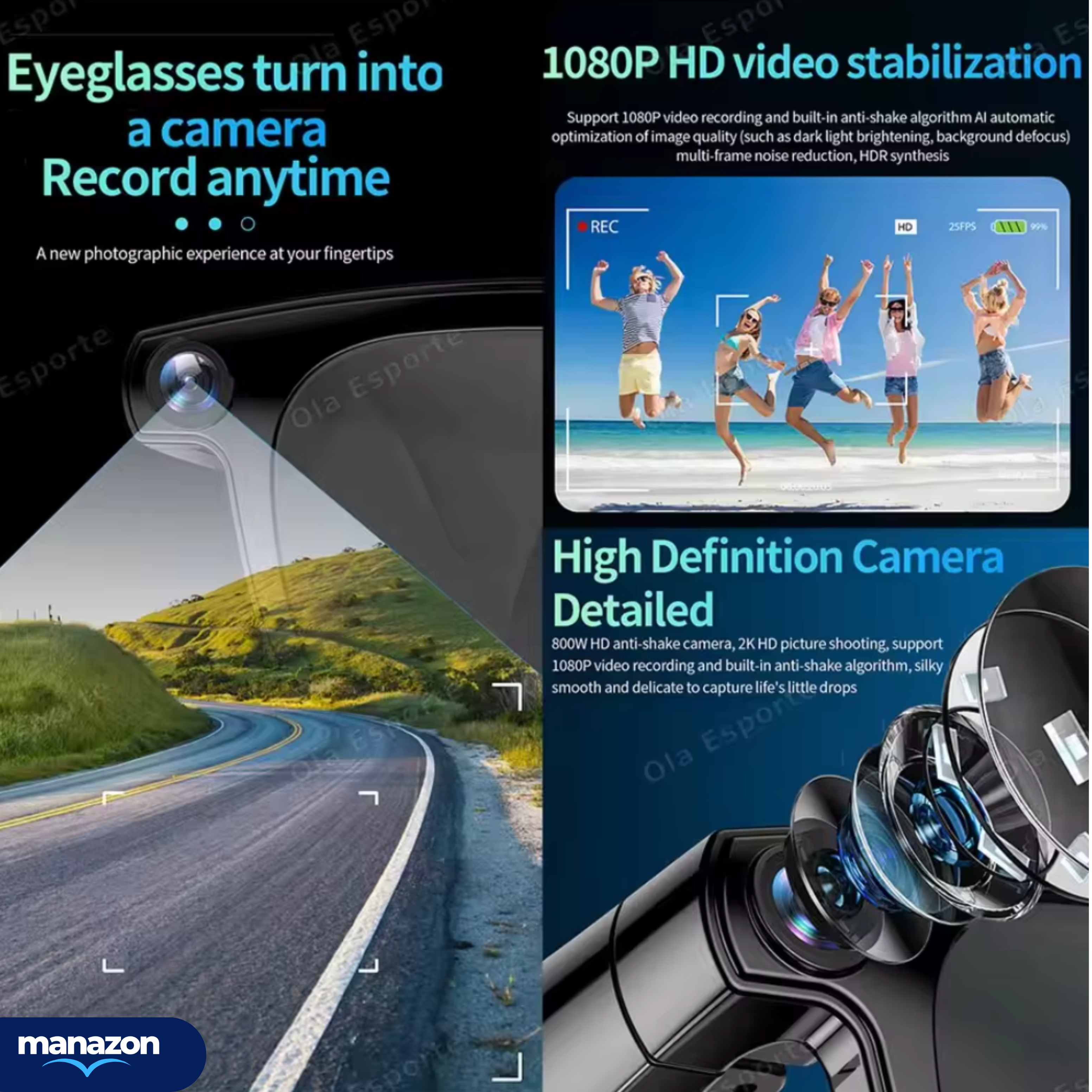 SMART PRO CYAN - Lunettes intelligentes IA , Camera intégré , musique, appels